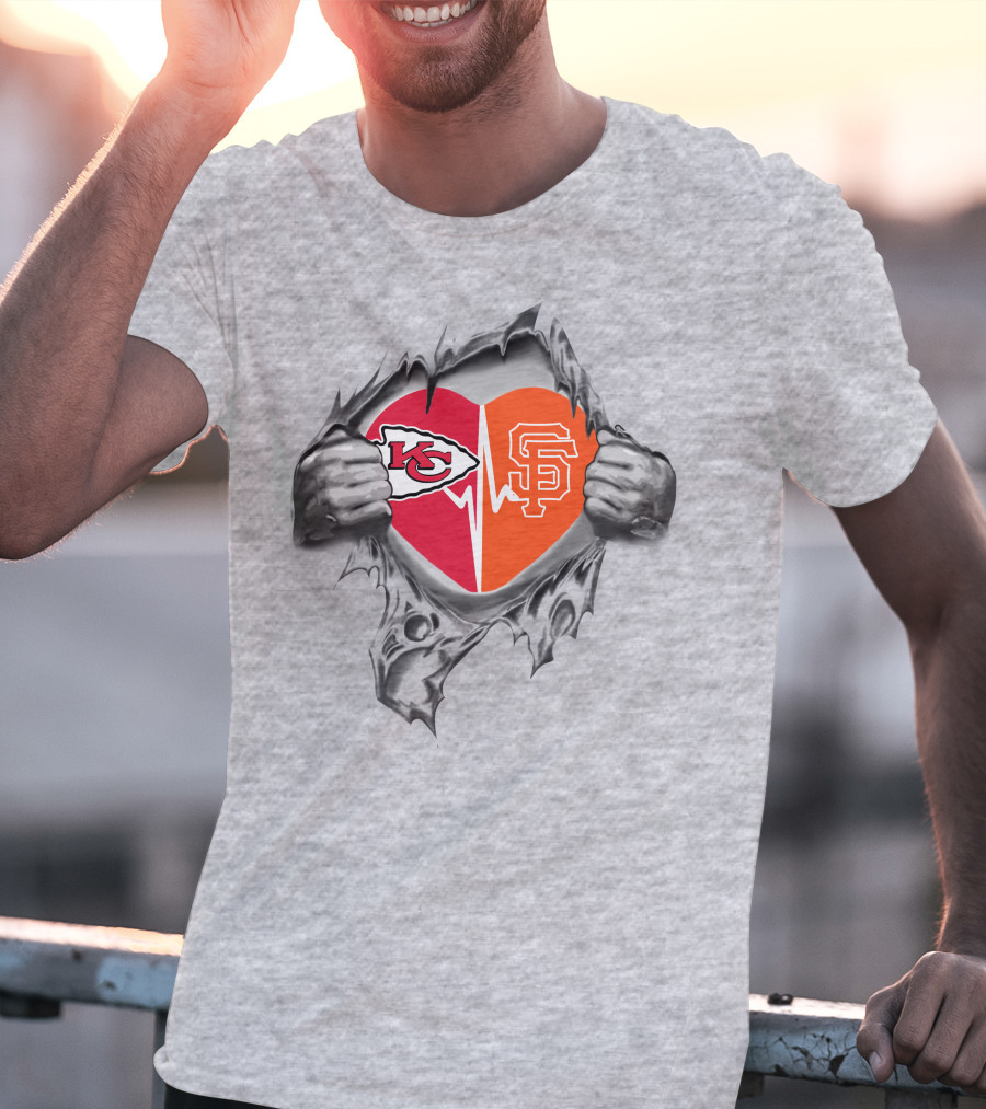 Chiefs San Francisco Giants Heart With Logos Chiefs Arrowhead Sf Monogram T-Shirt