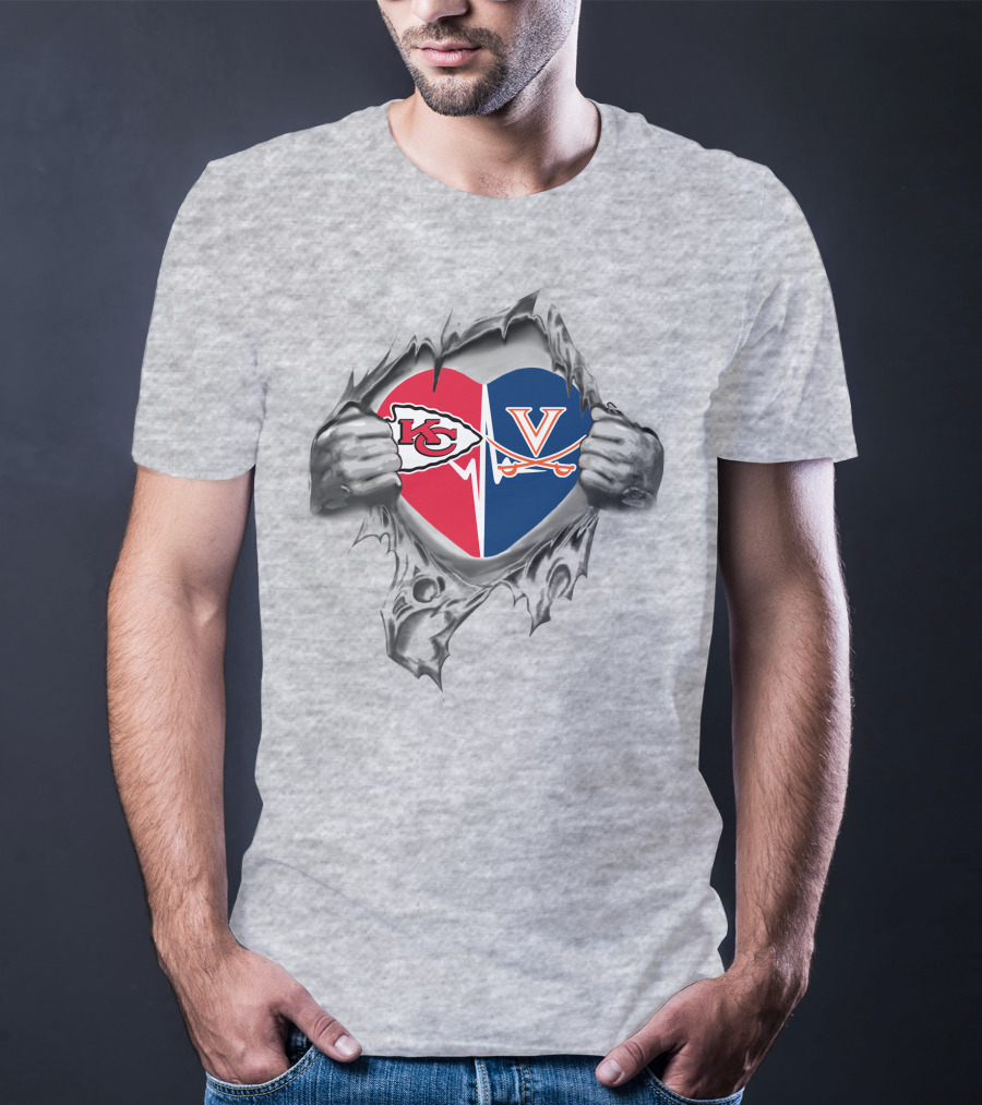 Chiefs Virginia Cavaliers Heart Design With Torn Fabric Style T-Shirt