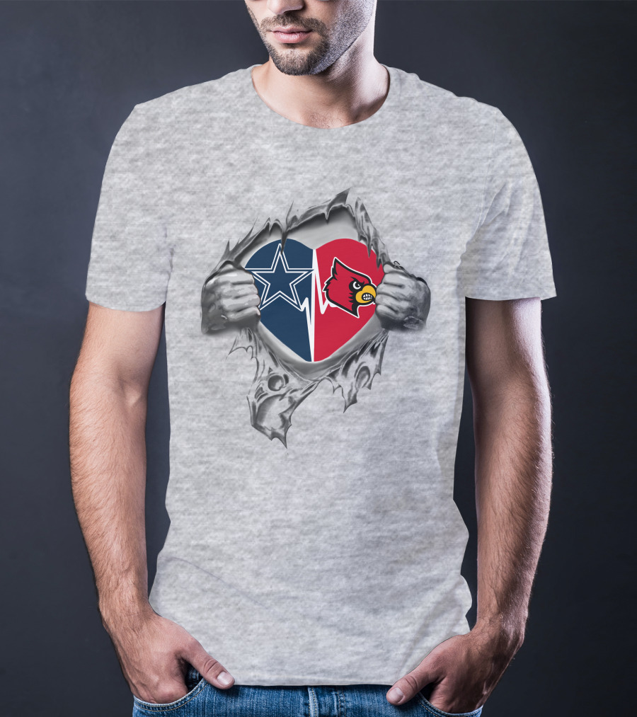 Cowboys And Louisville Cardinals Heart Design With Star And Cardinal Logos T-Shirt