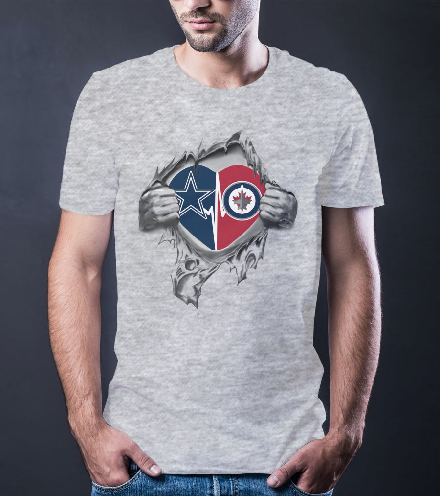 Cowboys Winnipeg Jets Heart Design Featuring Team Logos And Torn Fabric Effect T-Shirt
