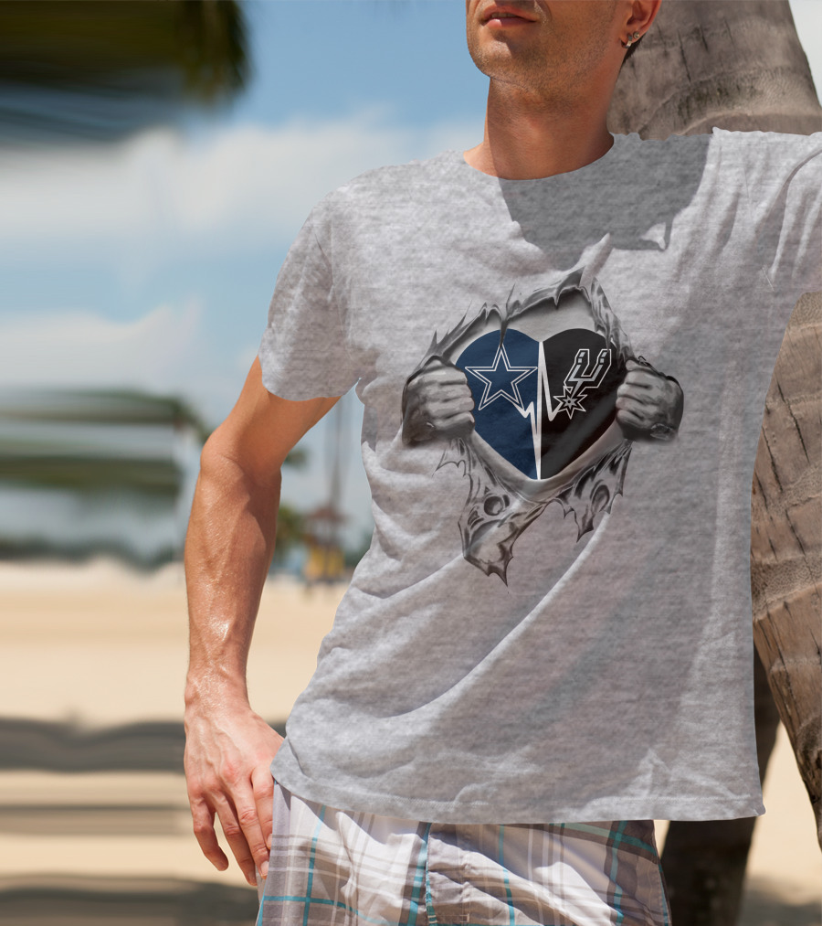 Cowboys San Antonio Spurs Heart Design With Torn Fabric And Holding Hands T-Shirt
