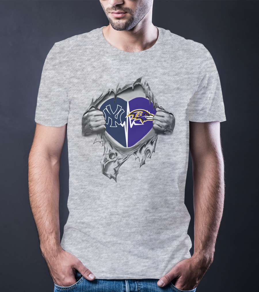 Yankees Baltimore Ravens Heart Split T-Shirt