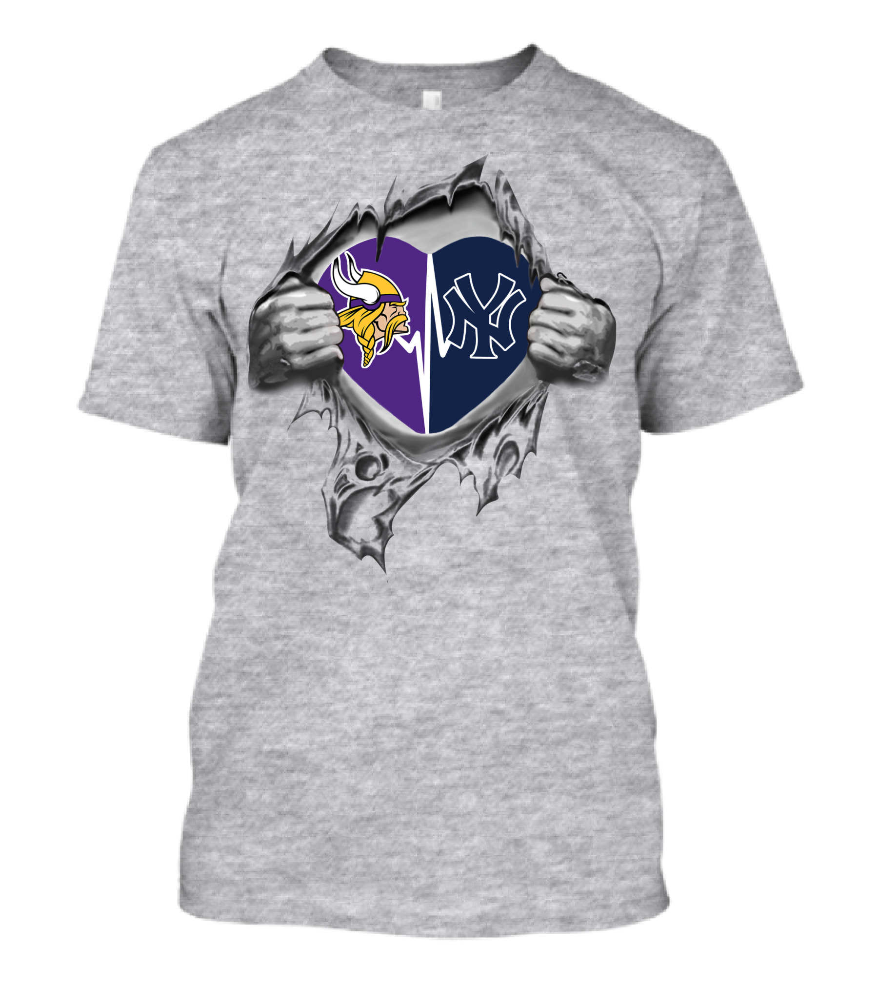 Yankees Minnesota Vikings Heart Symbol With Torn Effect And Logos T-Shirt