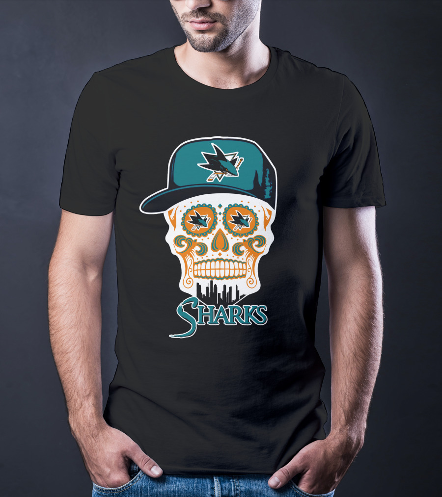San Jose Sharks Sugar Skull Logo With Hat And City Skyline T-Shirt