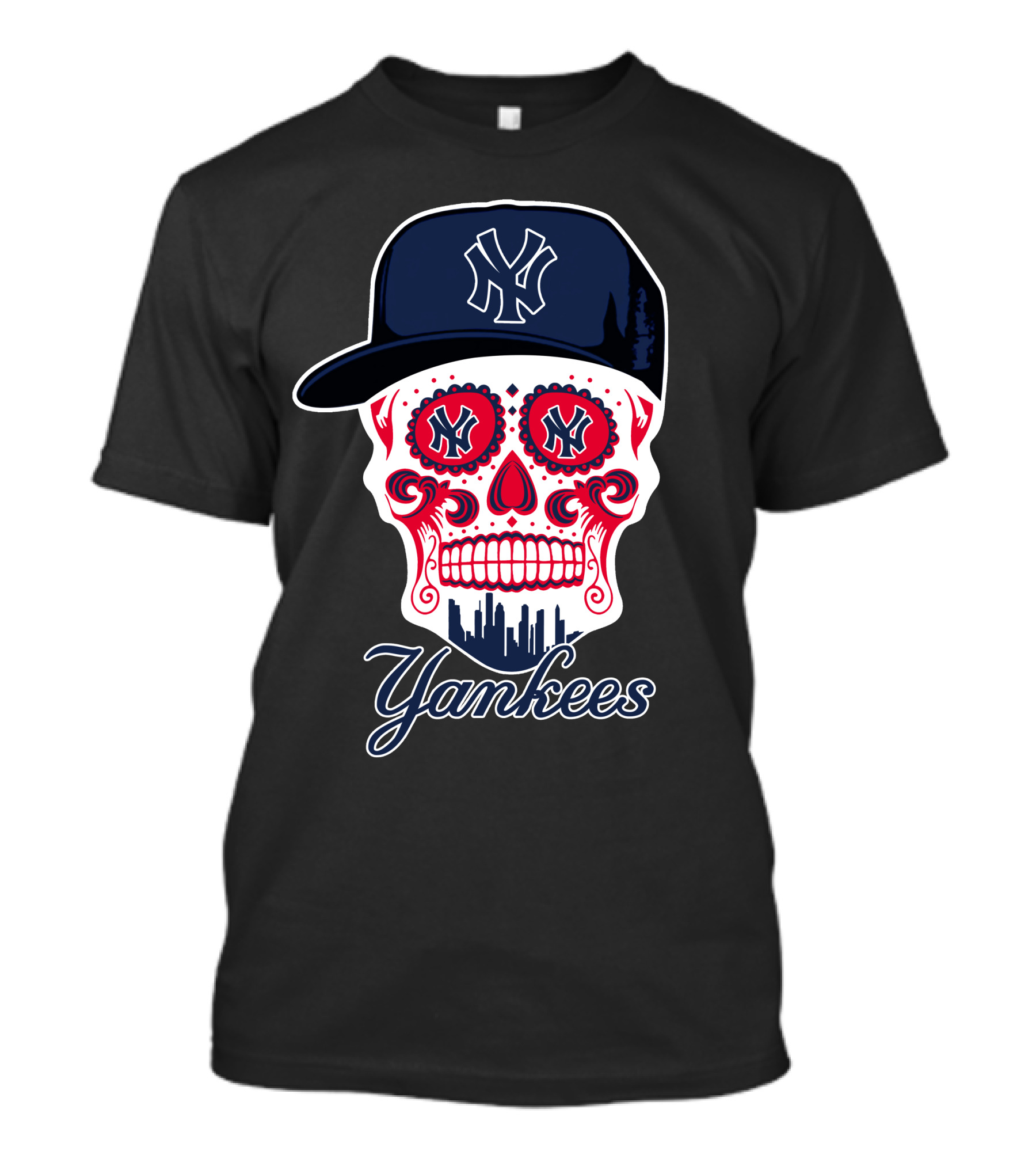 New York Yankees Skull Cap Design With Bold Logo And Cityscape Motif T-Shirt