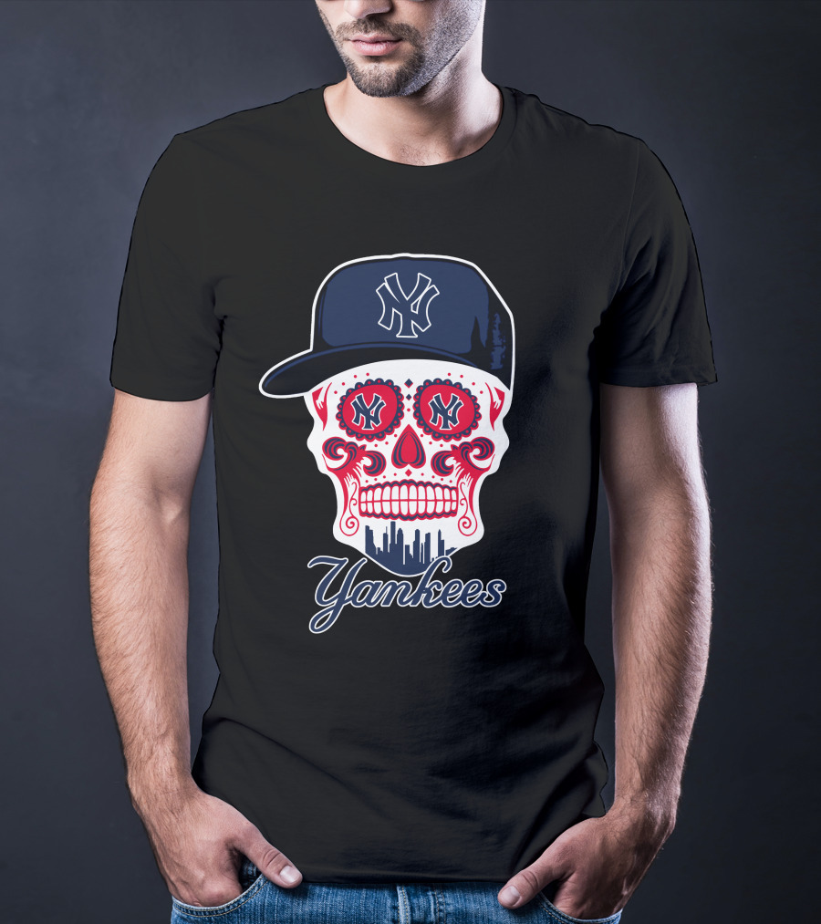 New York Yankees Skull Cap Design With Bold Logo And Cityscape Motif T-Shirt