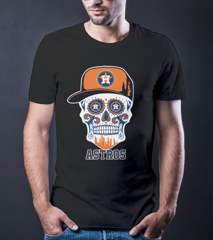 Astros Skull With Cap And Houston Skyline Motif T-Shirt