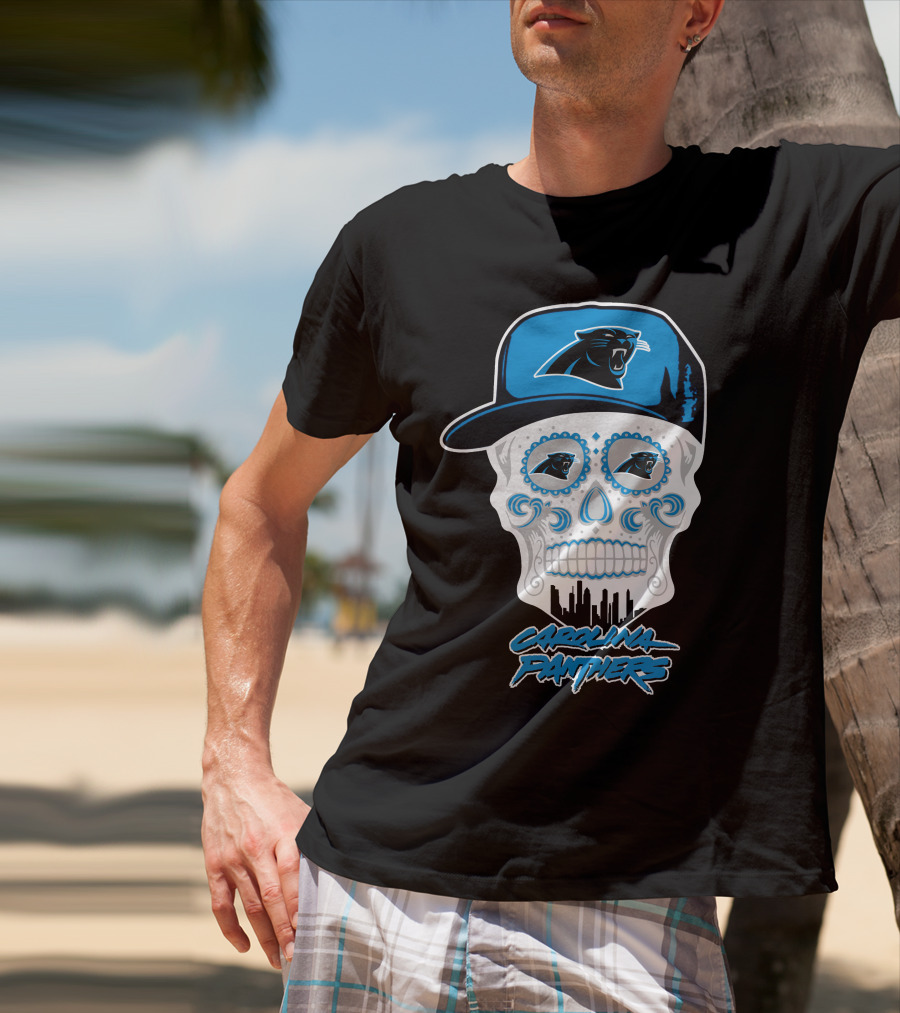 Carolina Panthers Skull With Hat And Skyline T-Shirt