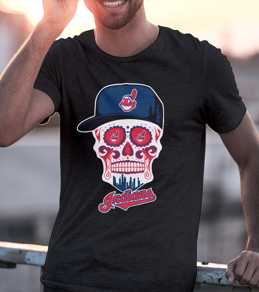 Indians Skull With Baseball Cap And Feathered Mascot T-Shirt
