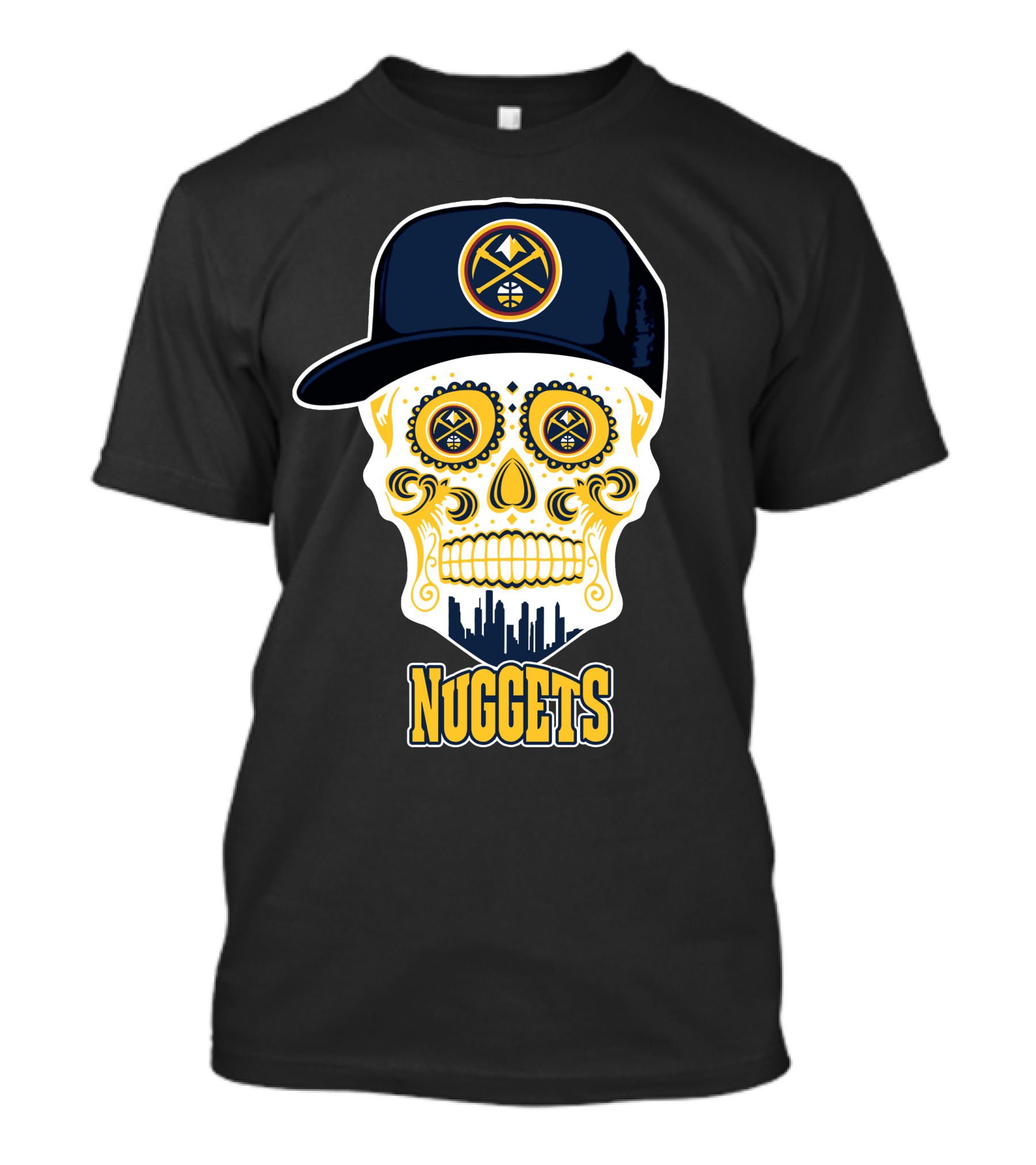 Denver Nuggets Skull Design With Cap And City Silhouette T-Shirt