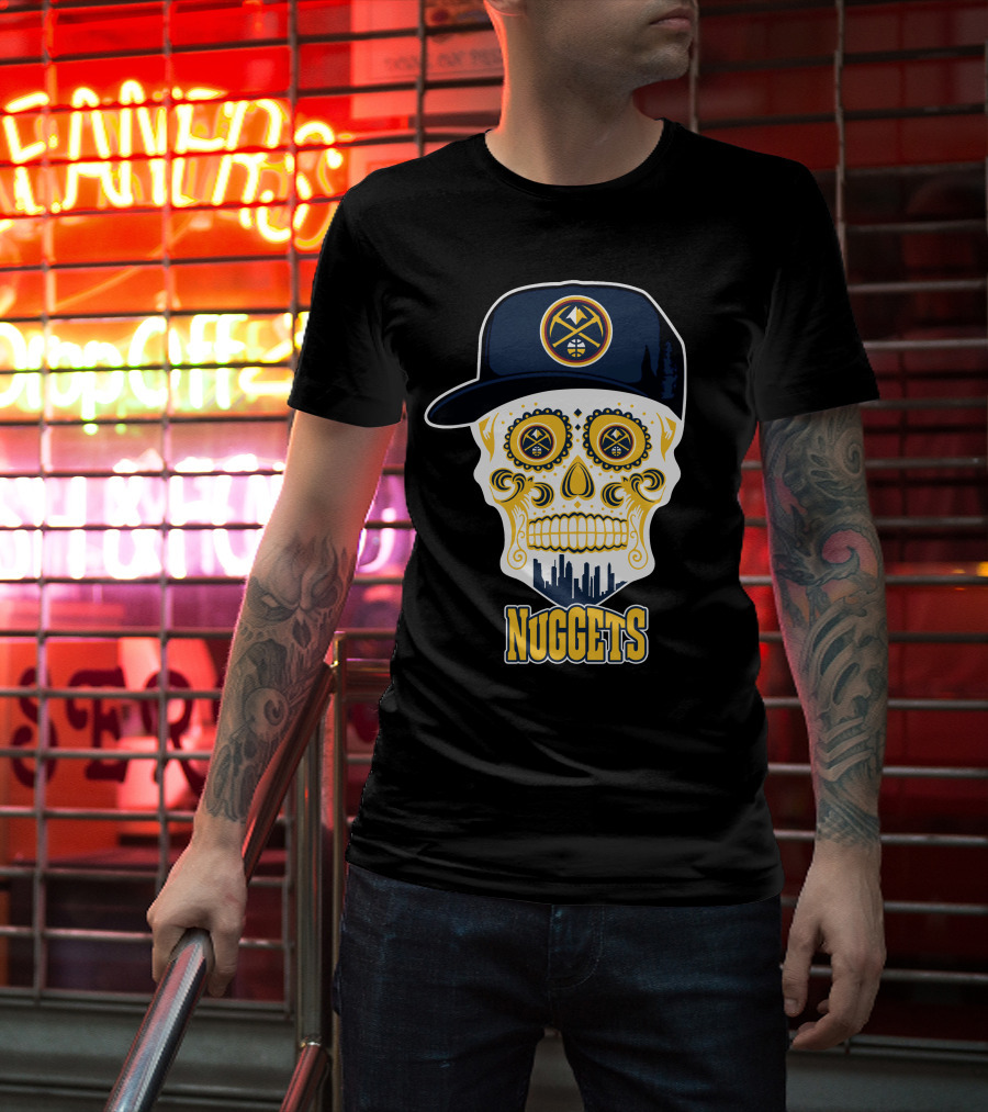 Denver Nuggets Skull Design With Cap And City Silhouette T-Shirt