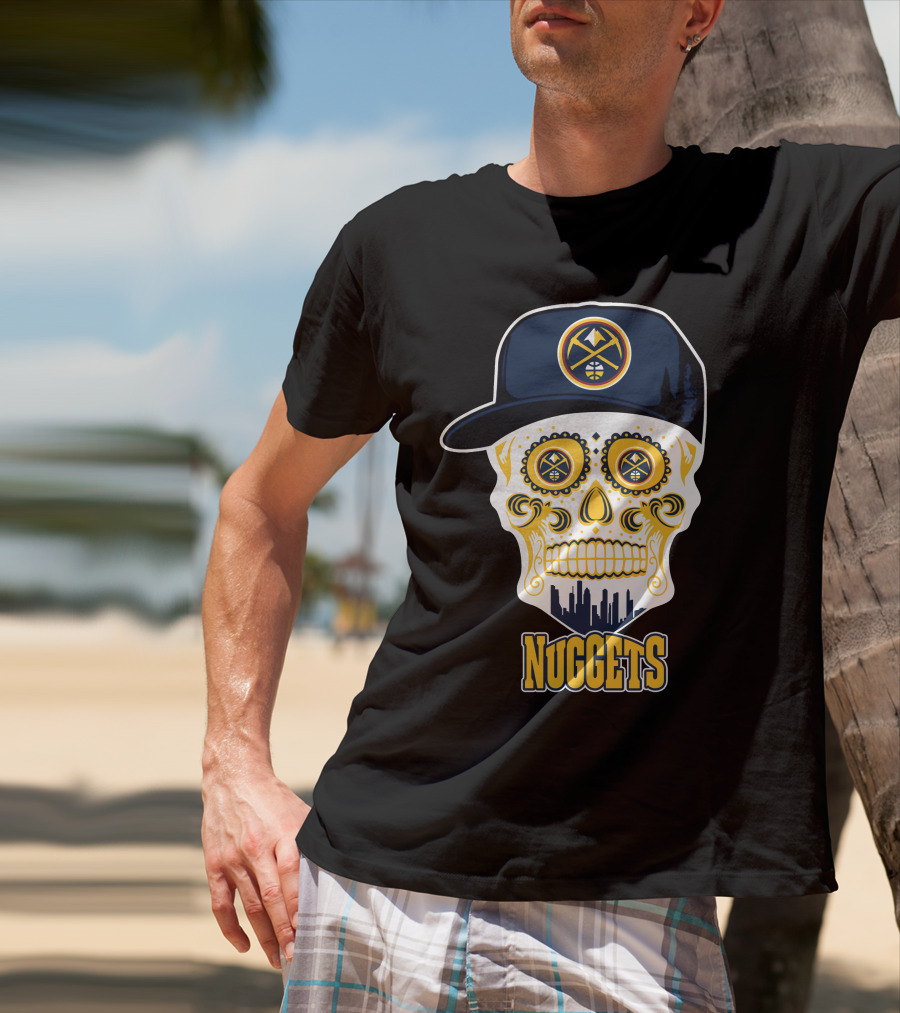 Denver Nuggets Skull Design With Cap And City Silhouette T-Shirt