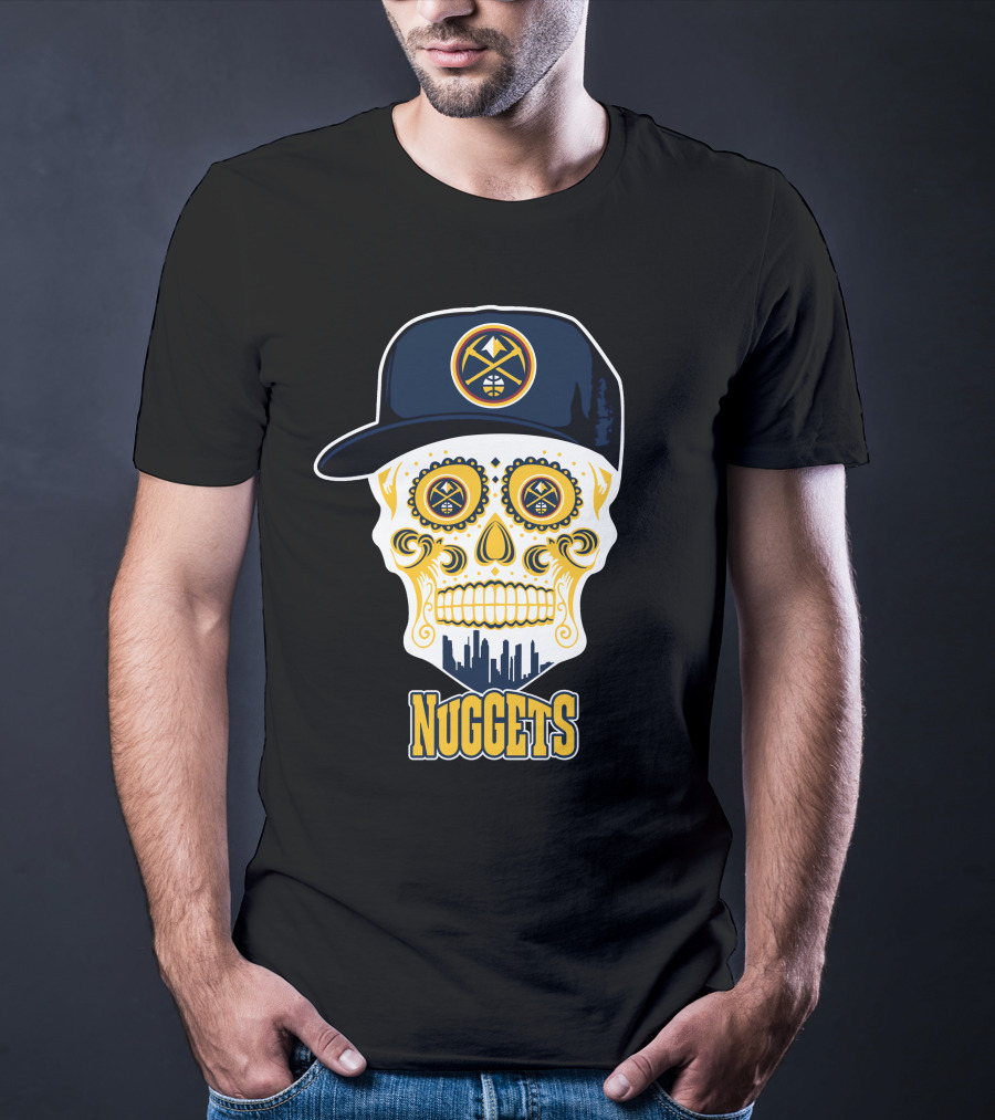 Denver Nuggets Skull Design With Cap And City Silhouette T-Shirt