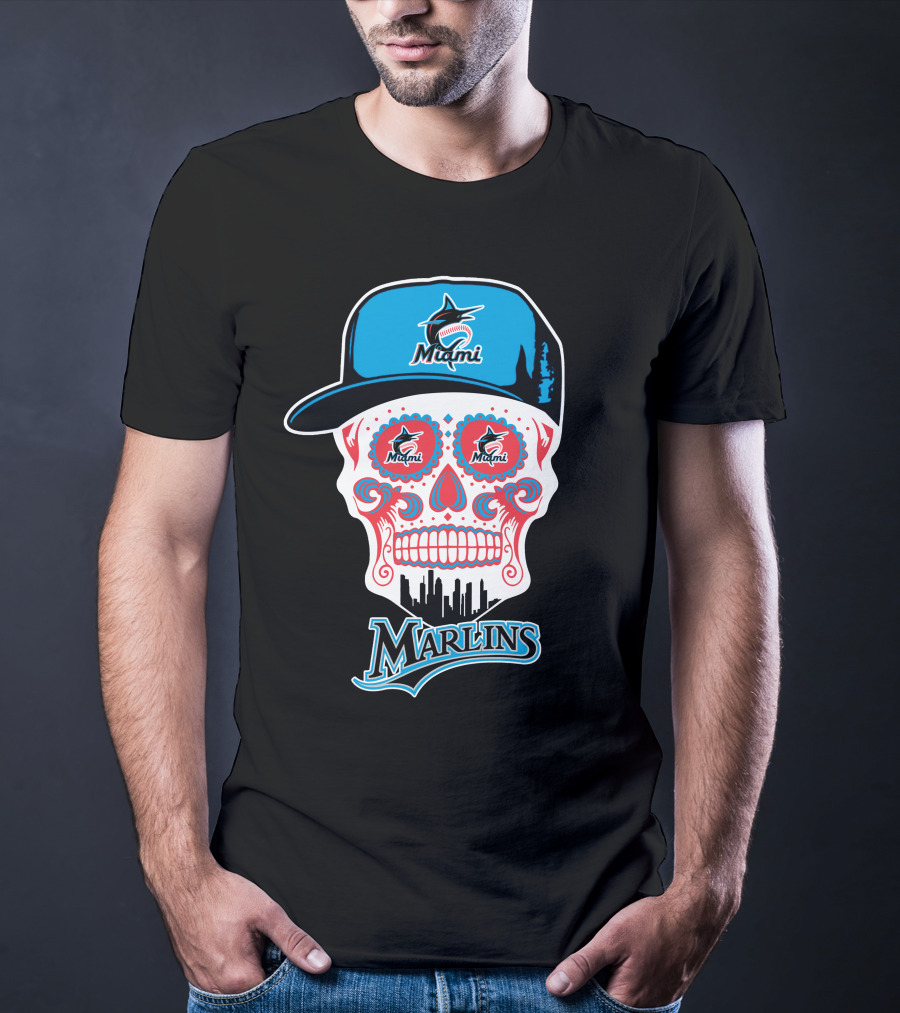 Miami Marlins Skull With Cap And Cityscape Motif T-Shirt