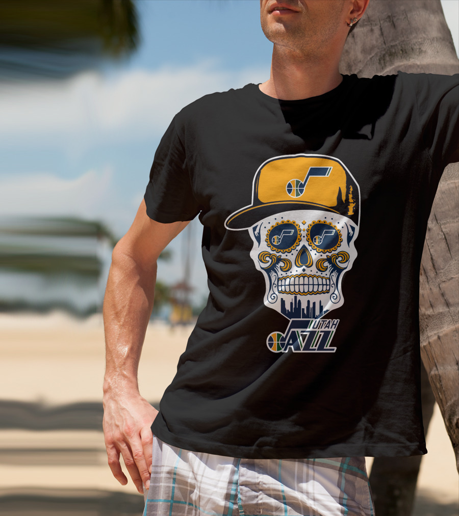 Utah Jazz Skull With City Skyline And Jazz Logo Cap T-Shirt