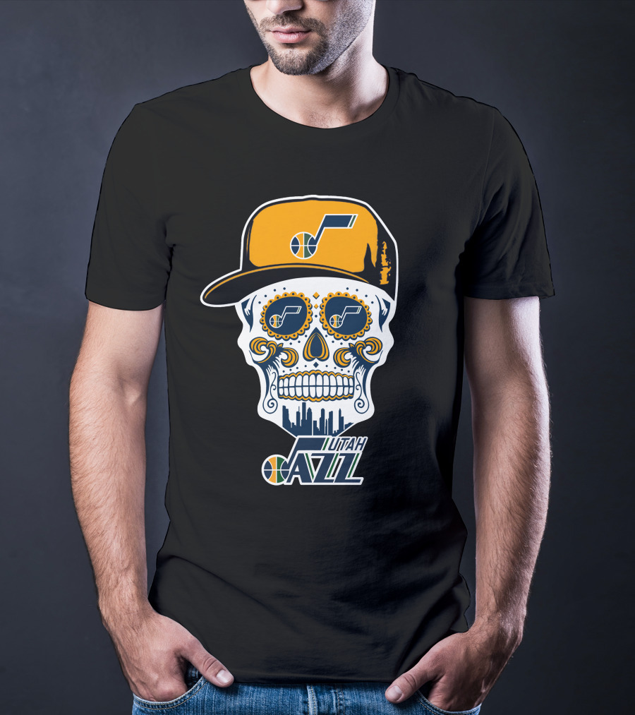 Utah Jazz Skull With City Skyline And Jazz Logo Cap T-Shirt