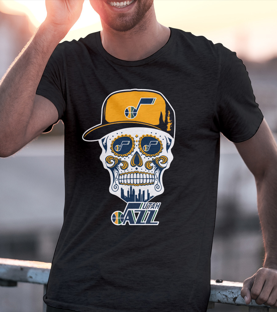 Utah Jazz Skull With City Skyline And Jazz Logo Cap T-Shirt