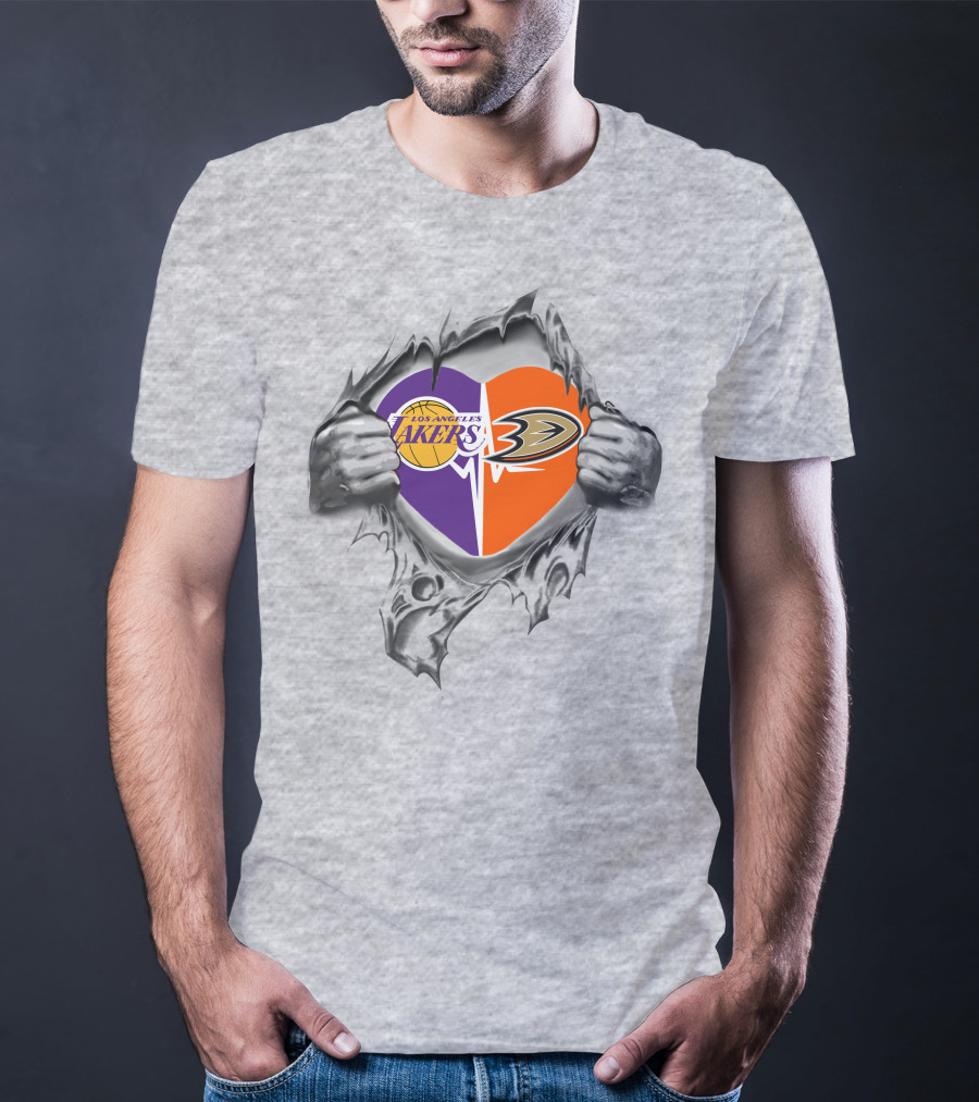 Los Angeles Lakers Anaheim Ducks Heart Torn Metal T-Shirt