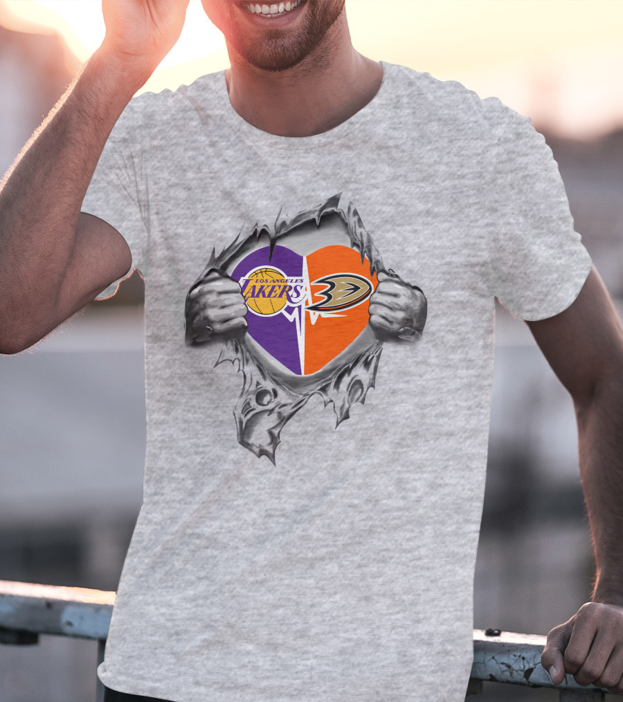 Los Angeles Lakers Anaheim Ducks Heart Torn Metal T-Shirt