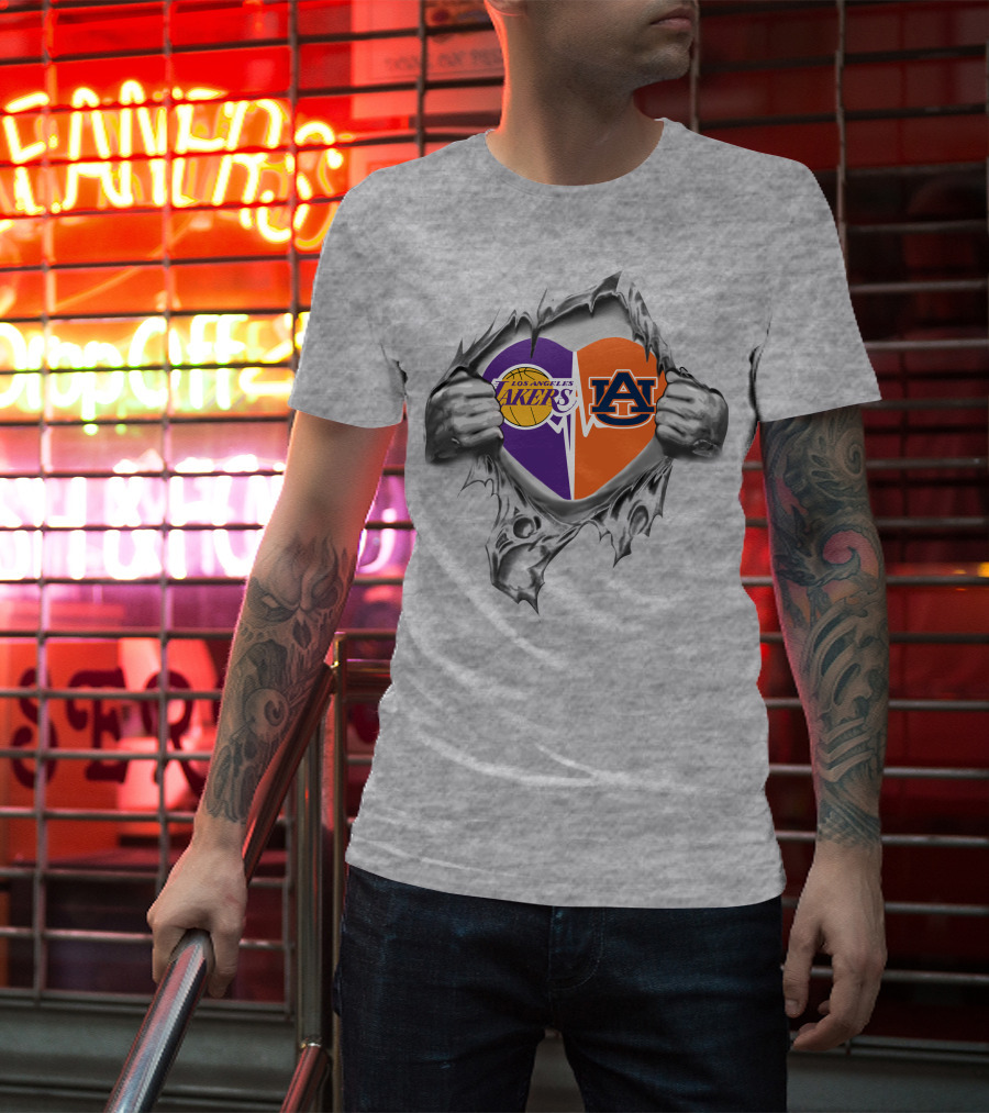 Los Angeles Lakers Auburn Tigers Heart Split Loyalty T-Shirt