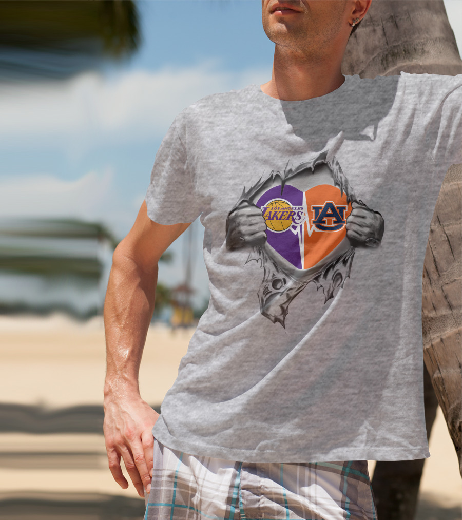 Los Angeles Lakers Auburn Tigers Heart Split Loyalty T-Shirt