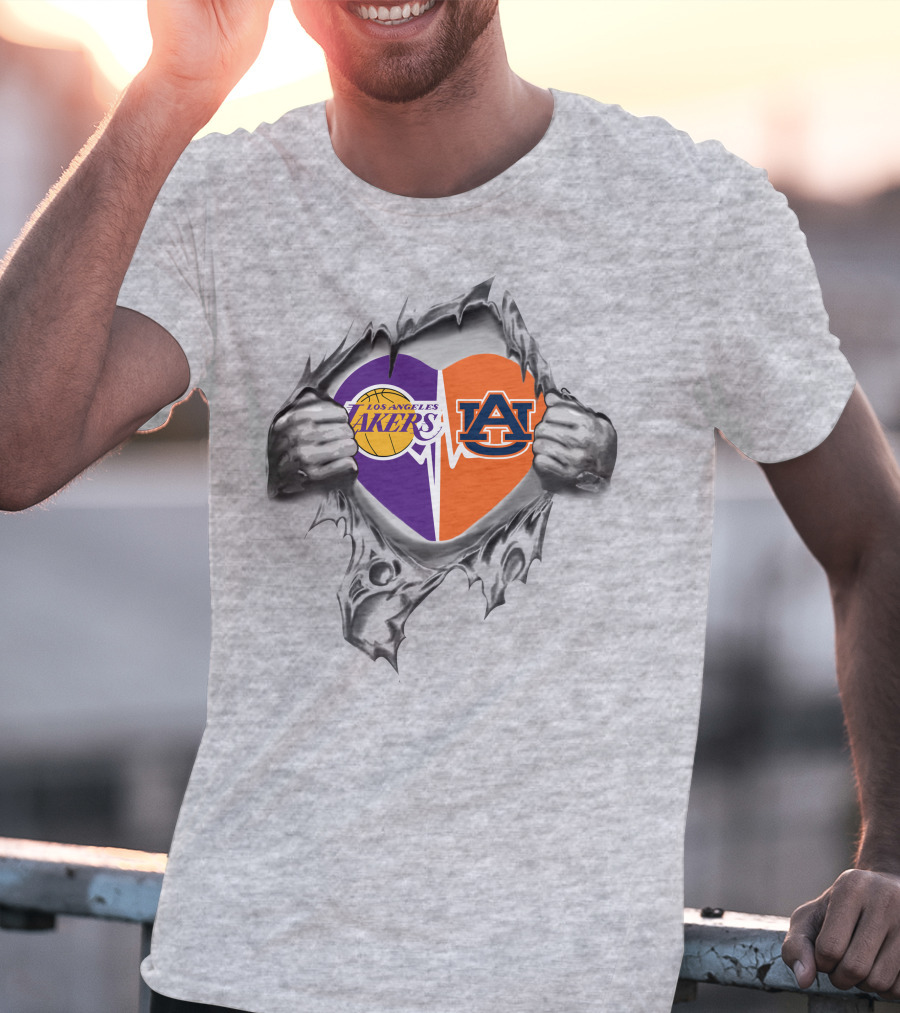 Los Angeles Lakers Auburn Tigers Heart Split Loyalty T-Shirt
