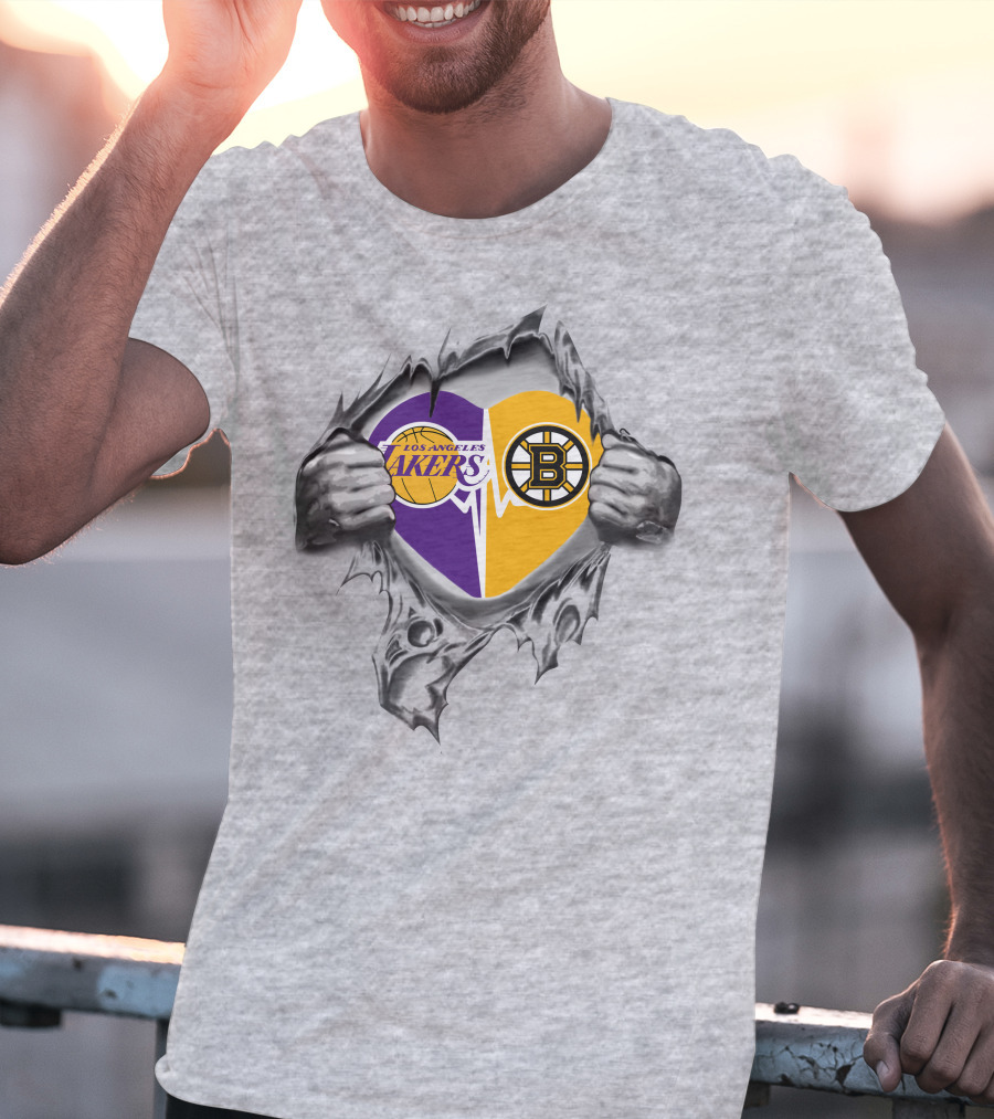 Lakers Boston Bruins Heart With Logos And Torn Ripping Effect T-Shirt