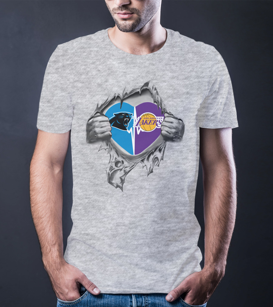 Lakers Carolina Panthers Heart Tear Logo Combo T-Shirt
