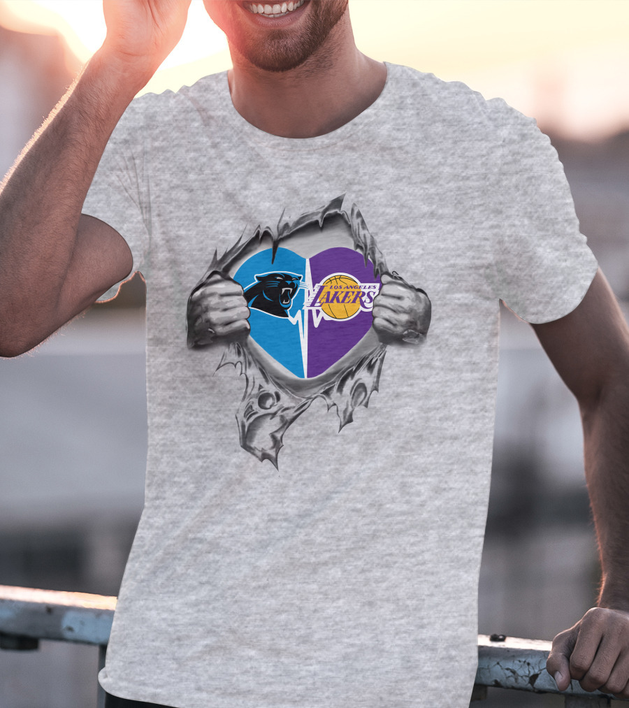 Lakers Carolina Panthers Heart Tear Logo Combo T-Shirt
