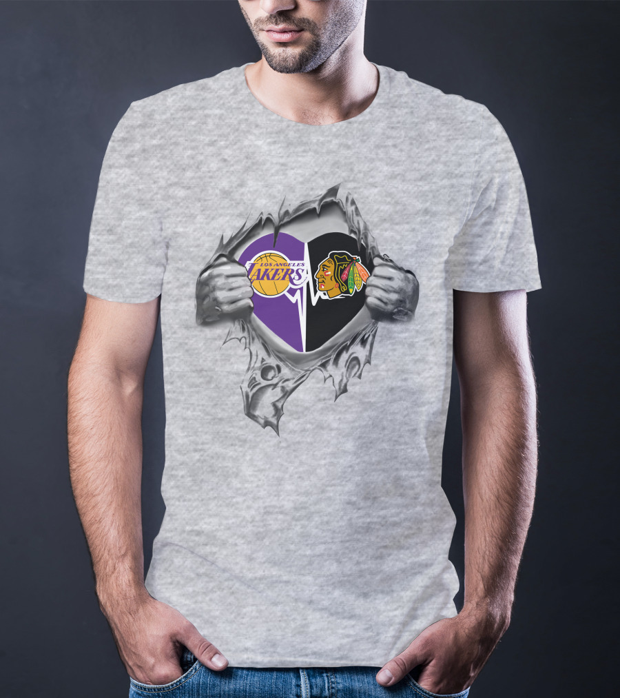 Los Angeles Lakers Chicago Blackhawks Heart Logo Fusion T-Shirt