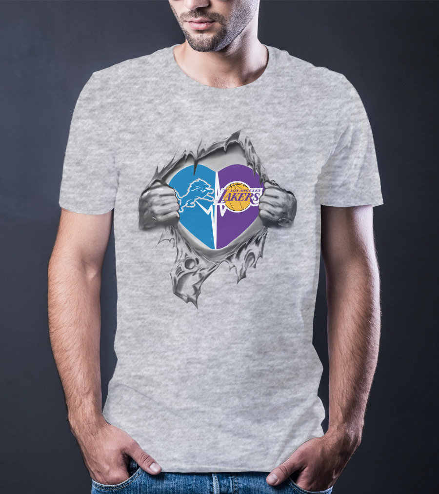 Los Angeles Lakers Detroit Lions Heart Symbol With Torn Metal Effect T-Shirt
