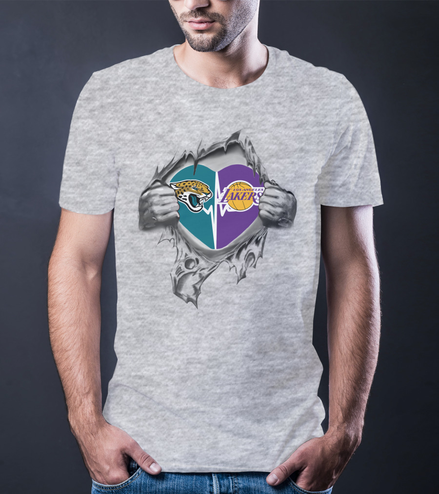 Lakers Jacksonville Jaguars Heart Logos With Hands And Torn Fabric T-Shirt