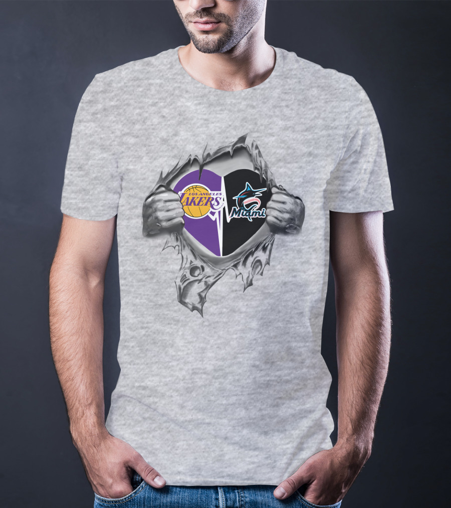 Los Angeles Lakers Miami Marlins Heart T-Shirt