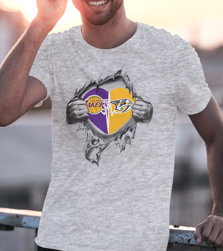 Los Angeles Lakers Nashville Predators Heart Torn Gray T-Shirt