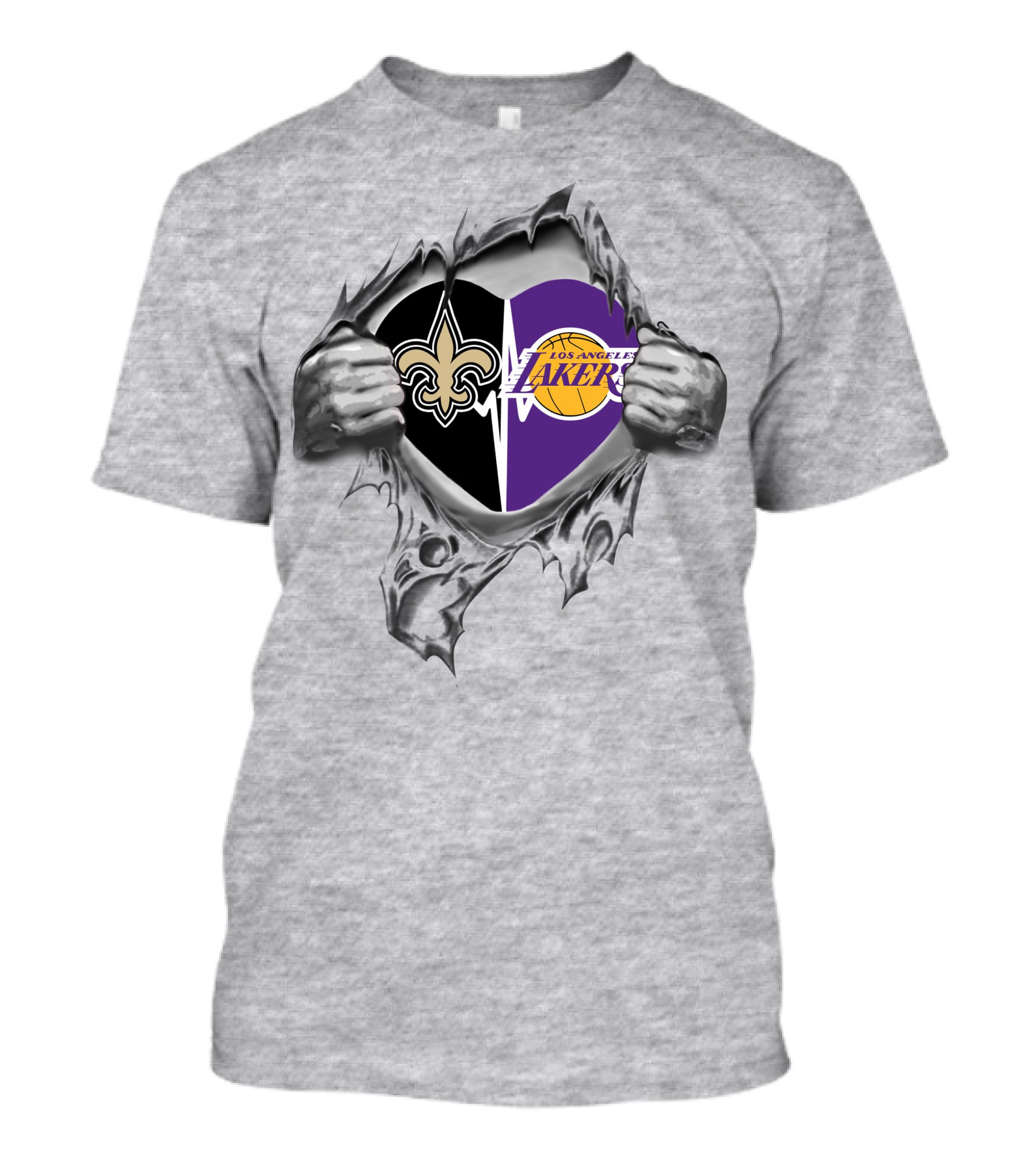 Lakers New Orleans Saints Heart With Logos Tearing T-Shirt