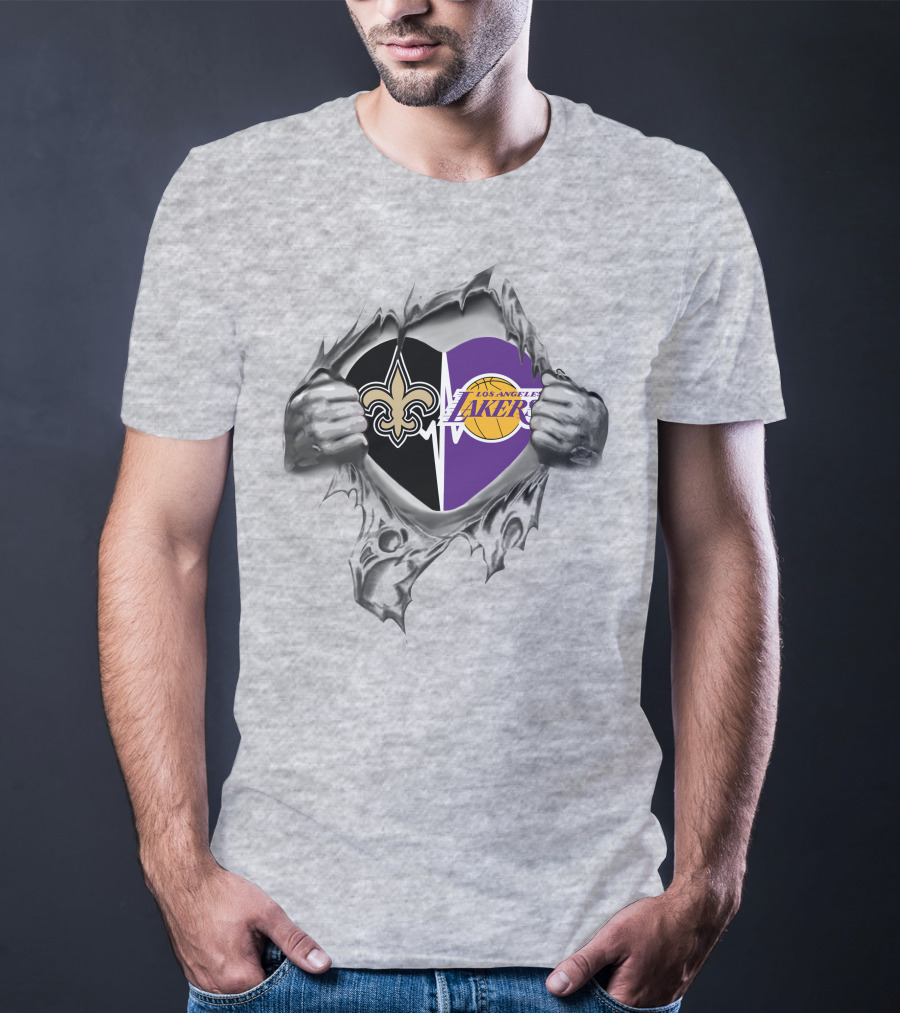 Lakers New Orleans Saints Heart With Logos Tearing T-Shirt