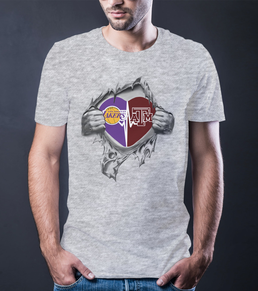 Los Angeles Lakers And Texas A&M Aggies Heart Inside Ripped Silver Hands T-Shirt