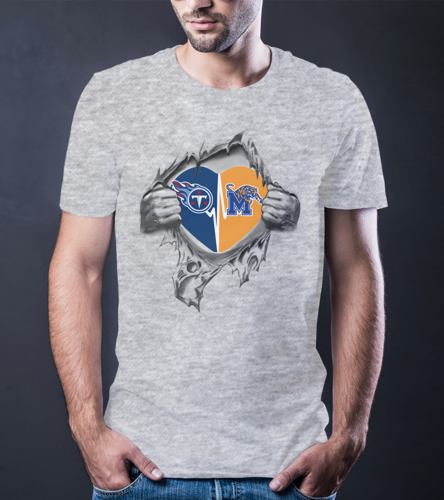 Tennessee Titans And Memphis Tigers Logos Heart T-Shirt