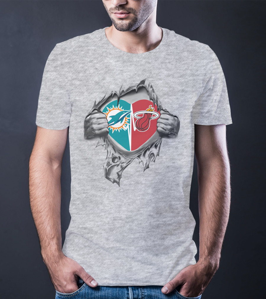 Miami Dolphins And Heat Heart Torn Open T-Shirt