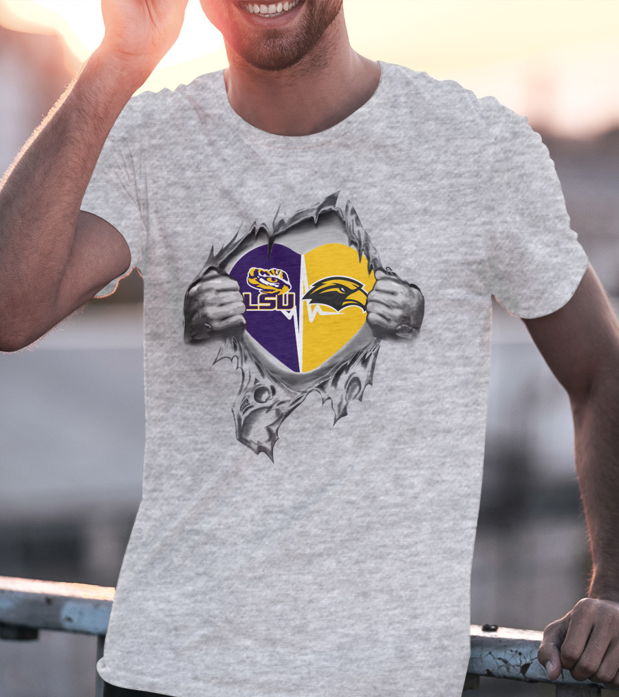 Lsu Southern Mississippi Golden Eagles Heart-Shaped Logo Torn Fabric T-Shirt