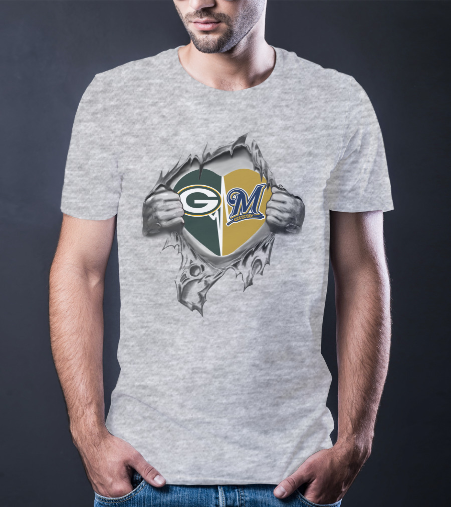 Green Bay Packers Milwaukee Brewers Heart Loyalty Burst T-Shirt