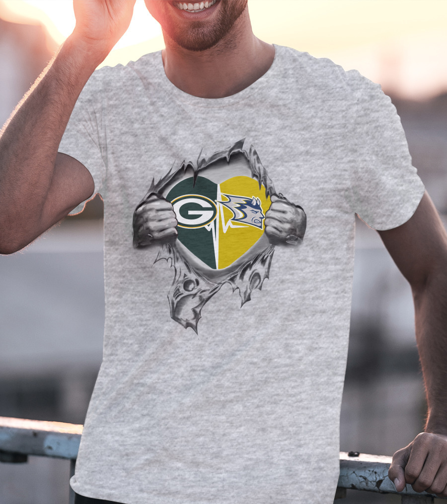 Packers Stout Blue Devils Heart With Green Bay And Duke Logos T-Shirt
