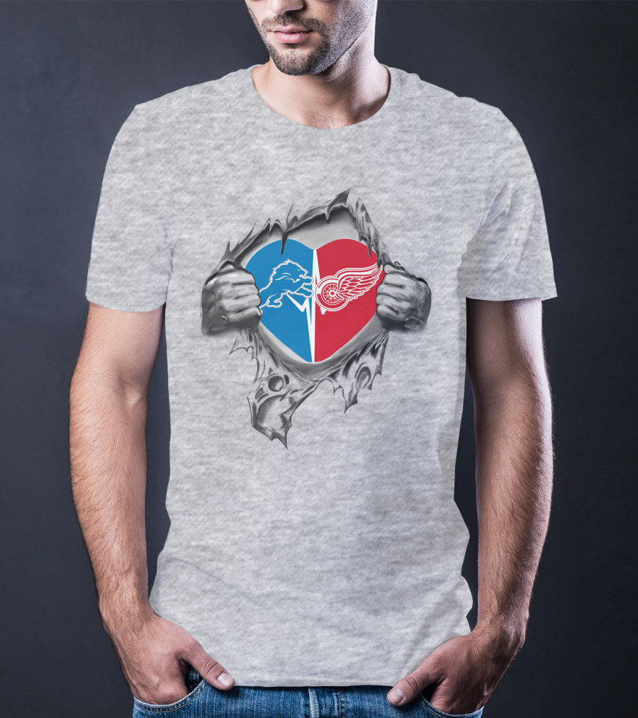 Detroit Lions Red Wings Heart Logo Ripped T-Shirt