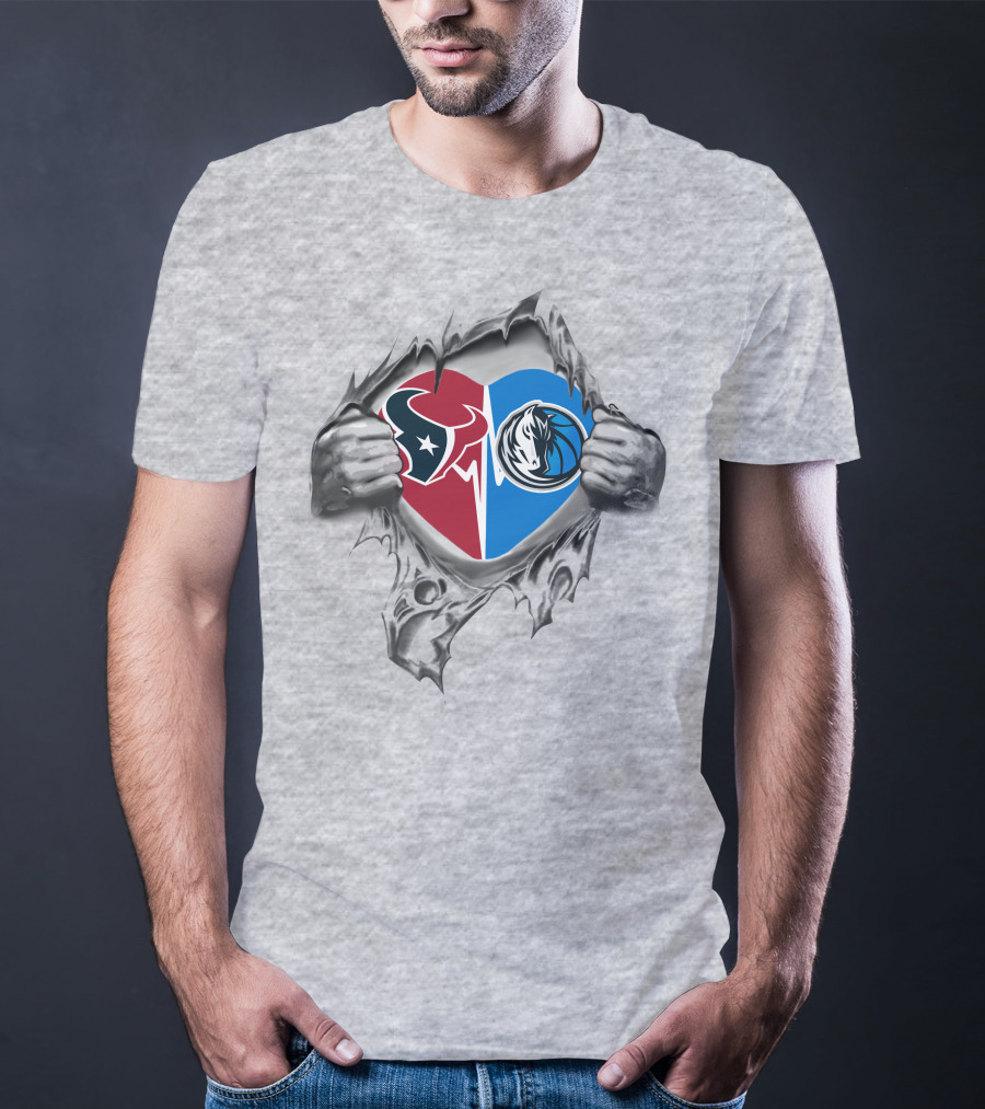 Texans Dallas Mavericks Heart Symbol Inside Torn Silver Hands T-Shirt