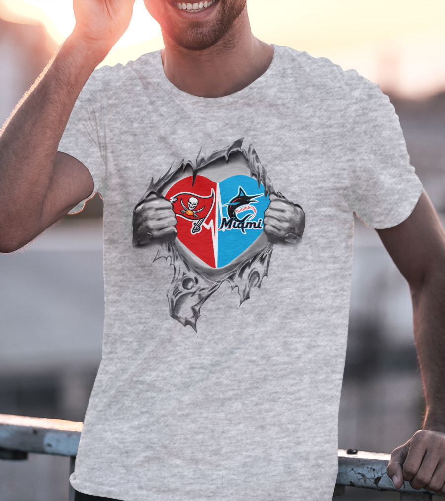 Ripped Heart Featuring Buccaneers And Marlins Logos T-Shirt