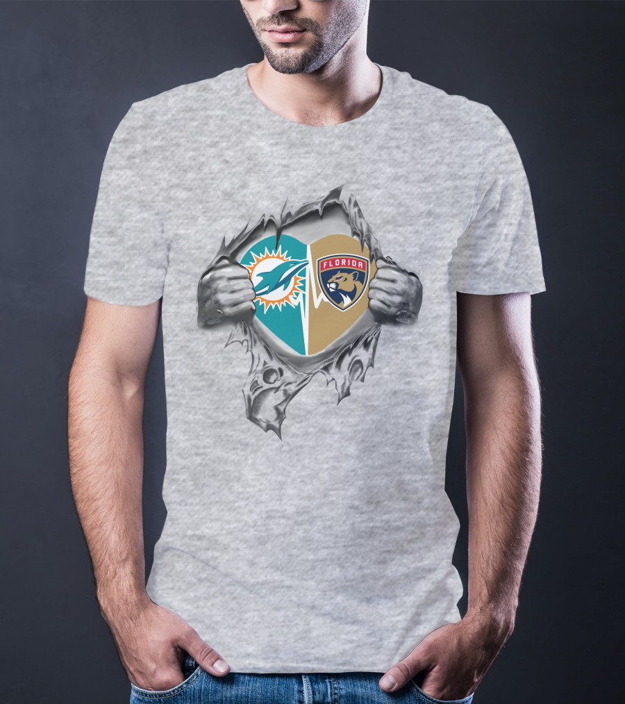 Miami Dolphins Florida Panthers Heart Design 27 Fan Tribute T-Shirt