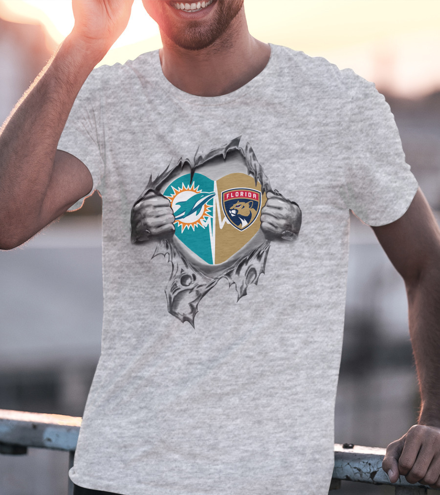 Miami Dolphins Florida Panthers Heart Design 27 Fan Tribute T-Shirt