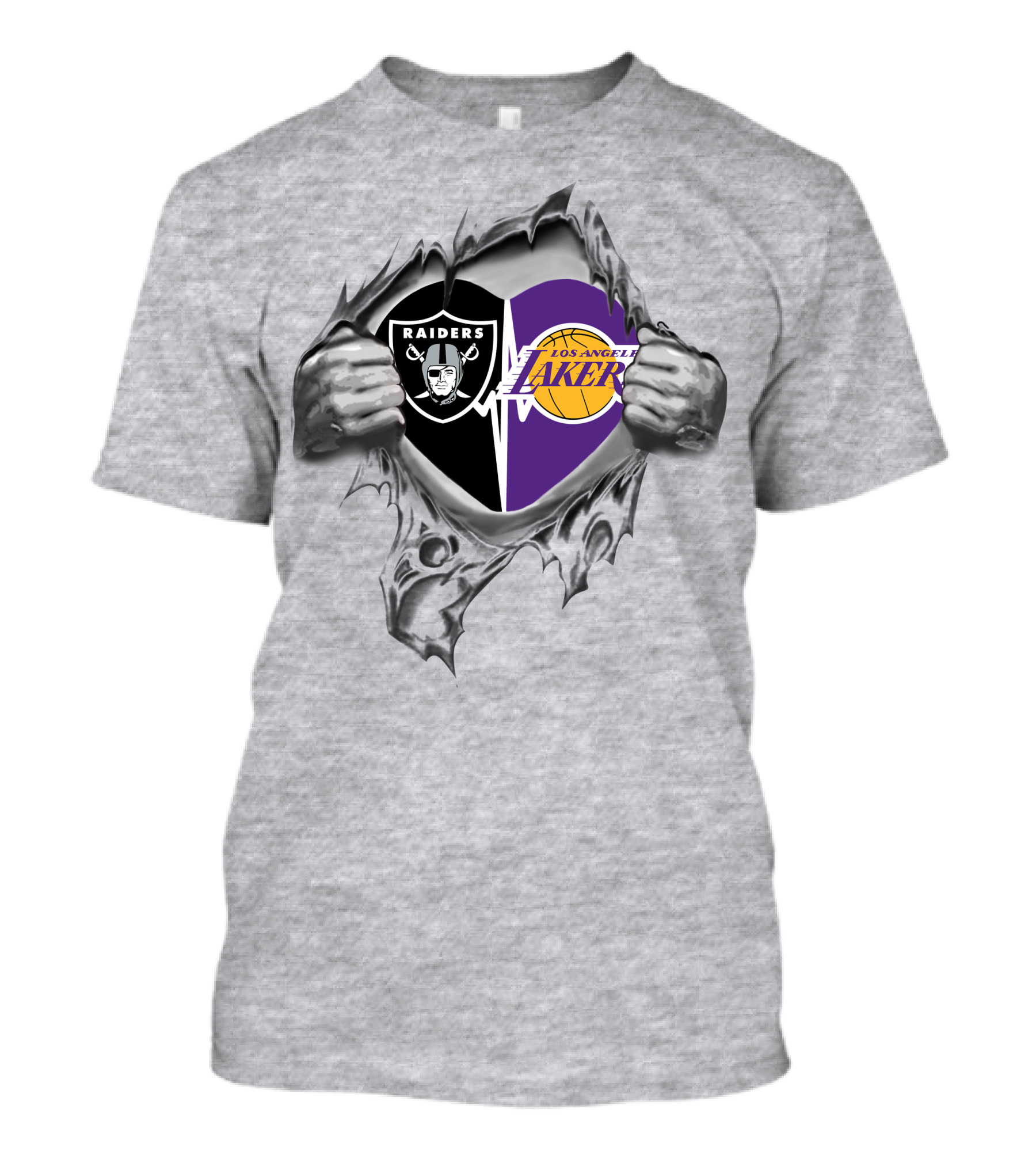 Raiders Los Angeles Lakers Heart Symbol With Torn Skin T-Shirt