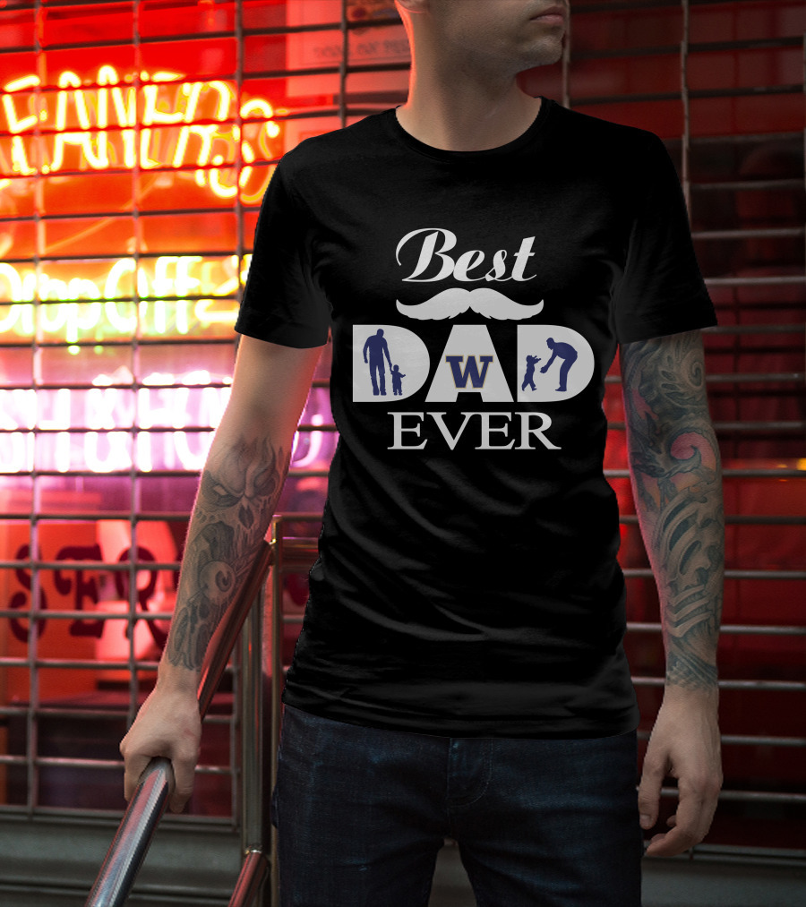 Best Dad Ever Washington Huskies Design With Mustache And Silhouettes T-Shirt