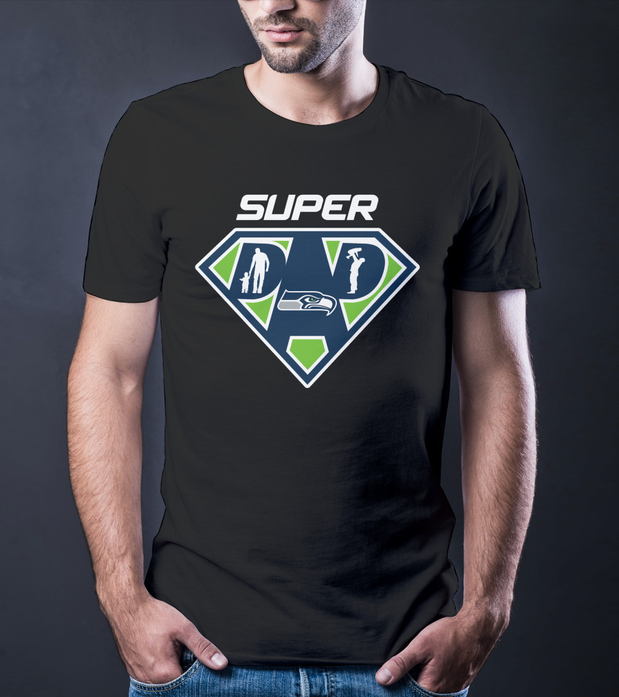 Seattle Seahawks Super Dad Hero Icon With Seahawk And Family Silhouettes T-Shirt